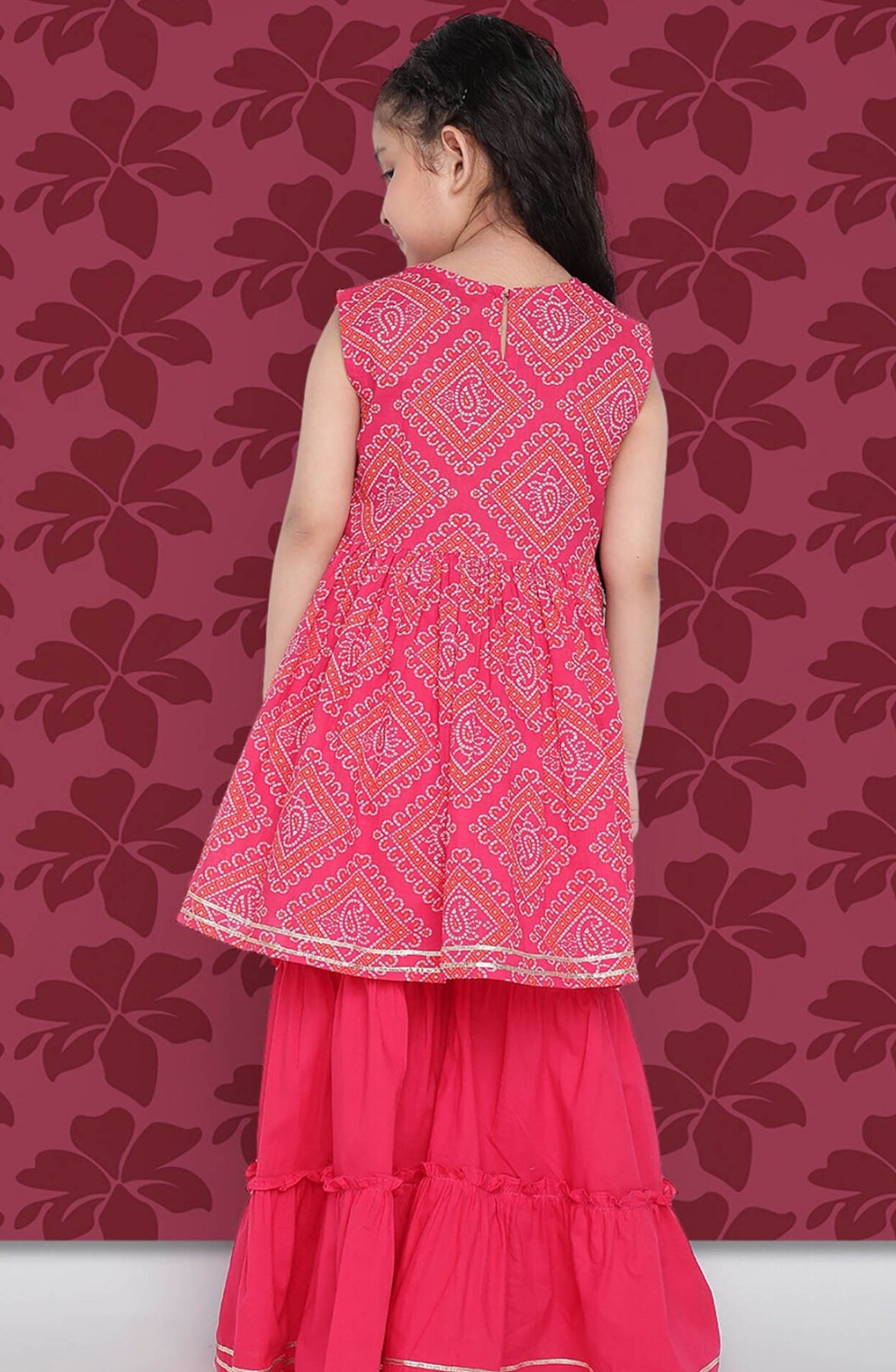 Girls Bandhani Printed A-Line Regular Gotta Patti Kurta With Sharara & Dupatta