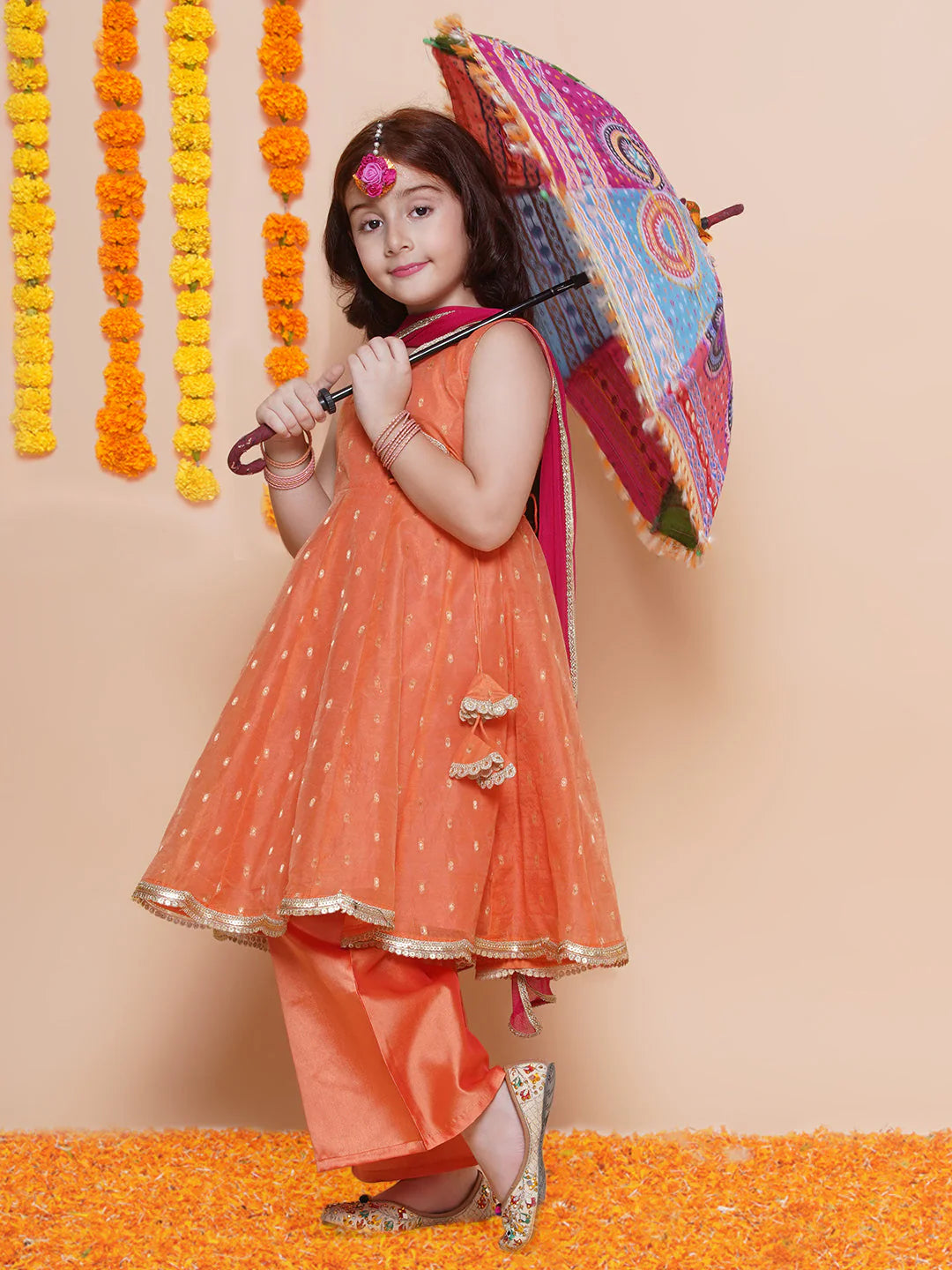 Girls Peach Orange booti Angrakha Gotta Patti Kurta & Trousers set With Dupatta