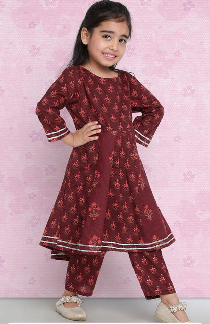 Girls Maroon Ethnic Motifs Printed Regular Kurta With Trousers