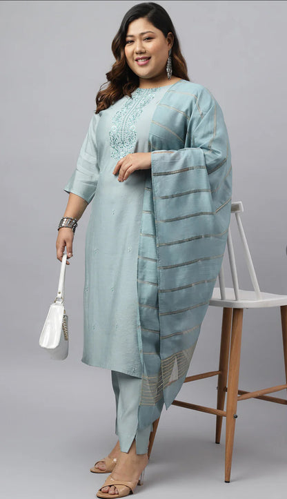 Dusty Blue Chinon Embroidered Kurta with Pant and Dupatta