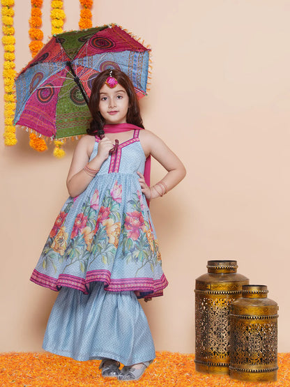 Girls Blue Floral Printed Kurta With Sharara with Dupatta