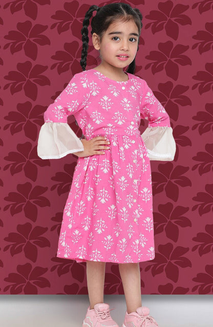 Girls Pink Floral Printed Bell Sleeve Cotton A-Line Dress