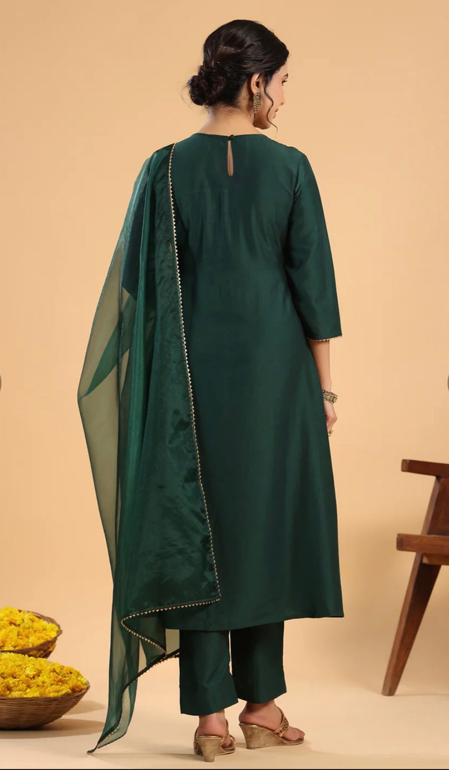 Dark Green Chinnon Yoke Embroidery Pleated Kurta Set