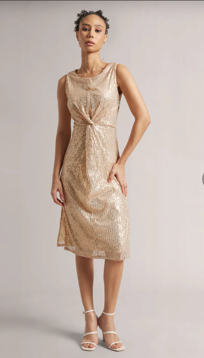 Champagne Poly Elastane Sequined A-Line Dress