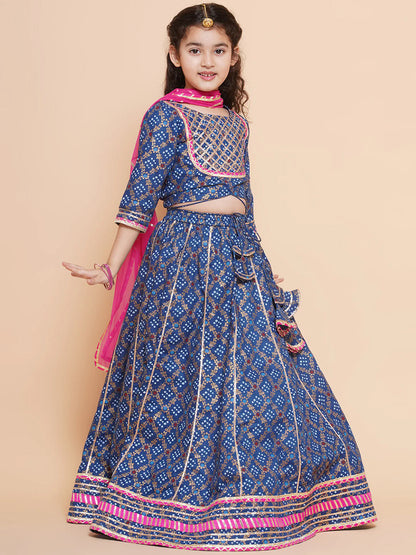 Girls Blue & Pink Printed Ready To Wear Lehenga & Blouse With Dupatta