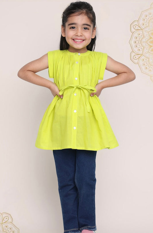 Girls Green Band Collar Extended Sleeves Cotton Top