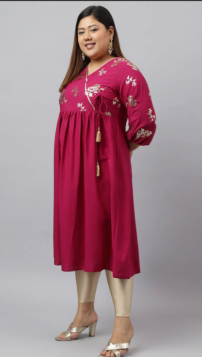 Magenta Poly Crepe Foil Floral Print Angrakha Kurta