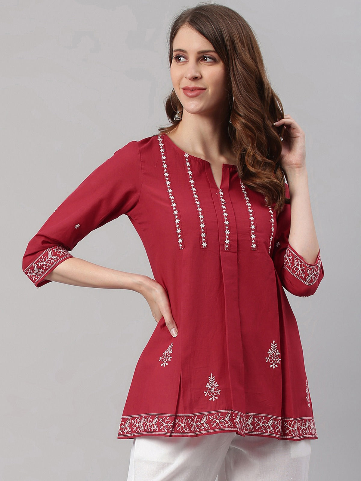 Women's Maroon Cotton Embroidered Trapeze Tunic