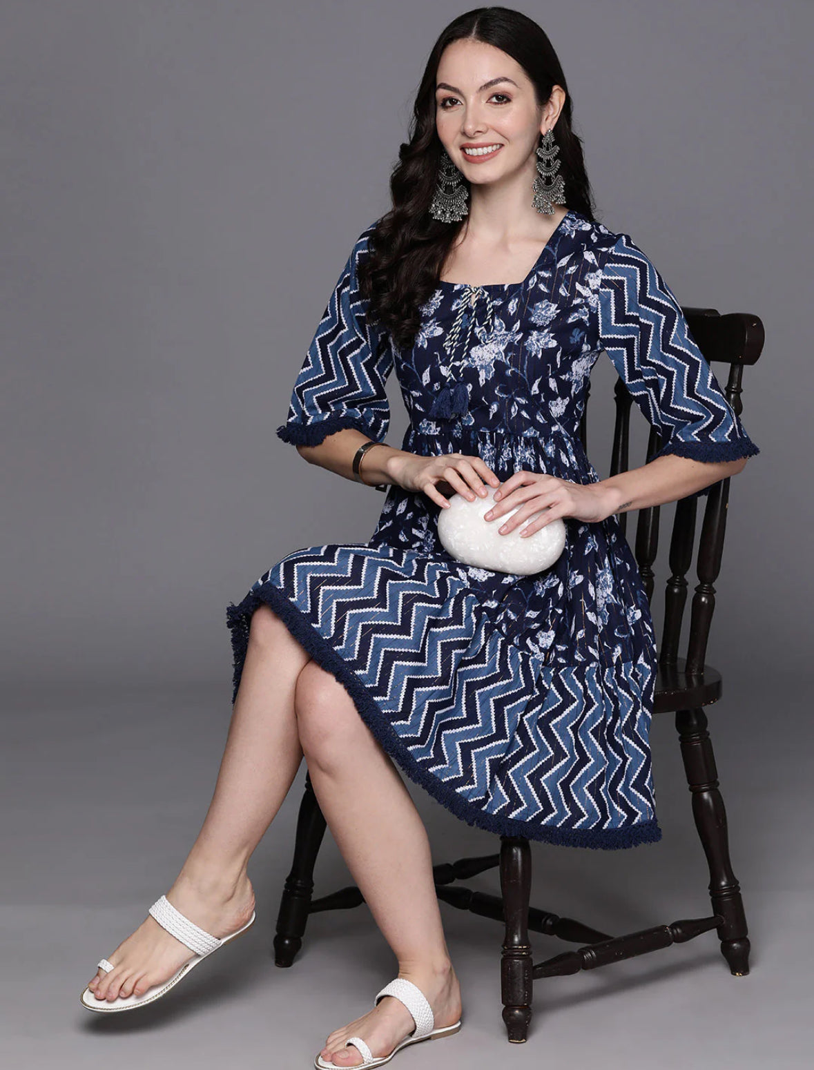 Blue Floral Print Tie-Up Neck Flared Sleeves A-Line Ethnic Dress