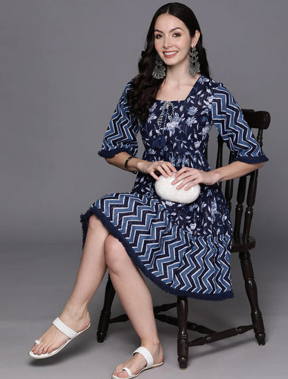 Blue Floral Print Tie-Up Neck Flared Sleeves A-Line Ethnic Dress