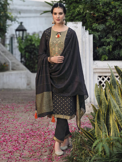 Burgundy Embroidered Straight Kurta Trousers With Dupatta Set