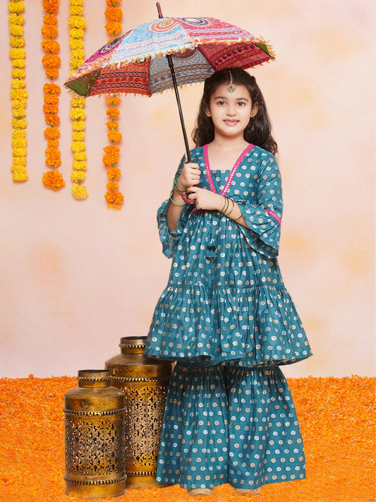 Girls Teal Blue Printed V-Neck Kurta with Sharara