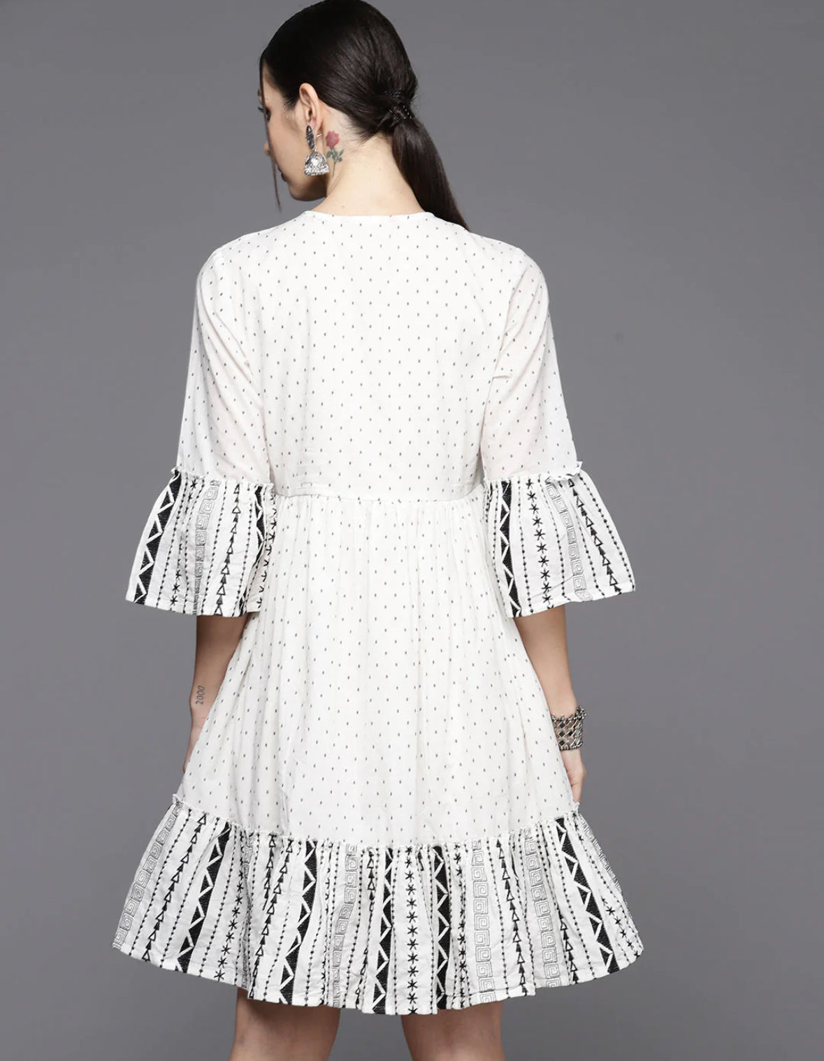 White Printed Tie-Up Neck Bell Sleeves A-Line Dress