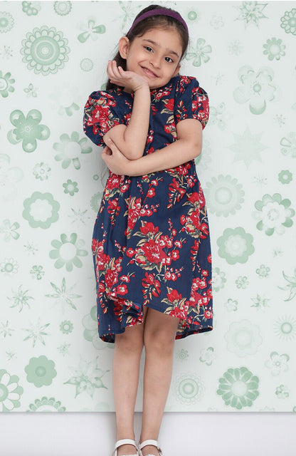 Girls Navy Blue Floral Printed Cotton A-Line Dress