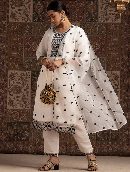 White Embroidered Straight Kurta Trousers With Dupatta Set