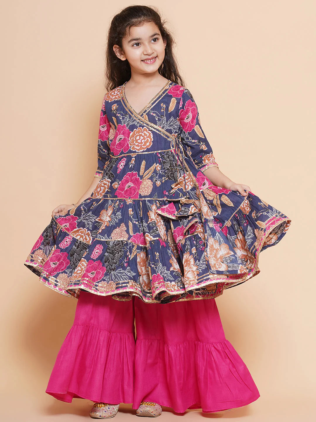 Girls pink Floral Printed Angrakha Gotta Patti Kurta With Sharara