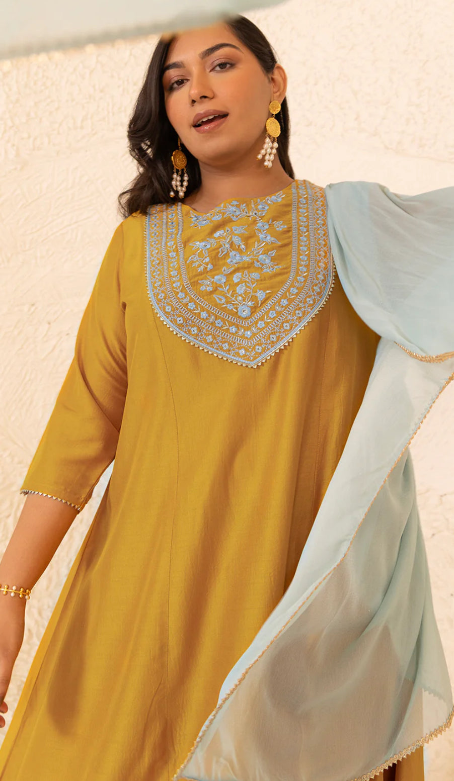 Mustard Chinnon Yoke Embroidery Panelled Kurta Set