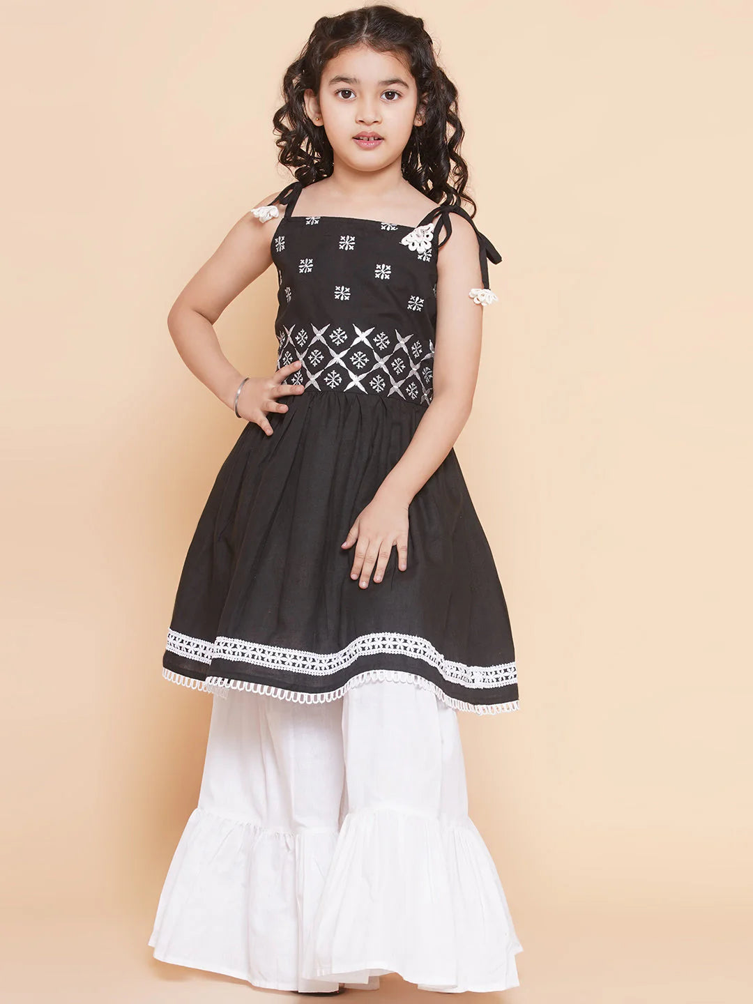 Girls Black Ethnic Motifs Embroidered Kurta With White Sharara