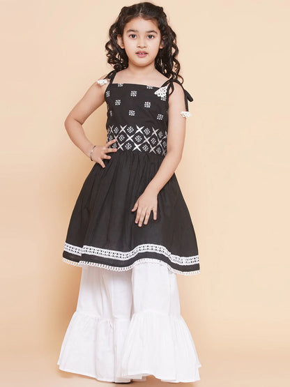 Girls Black Ethnic Motifs Embroidered Kurta With White Sharara