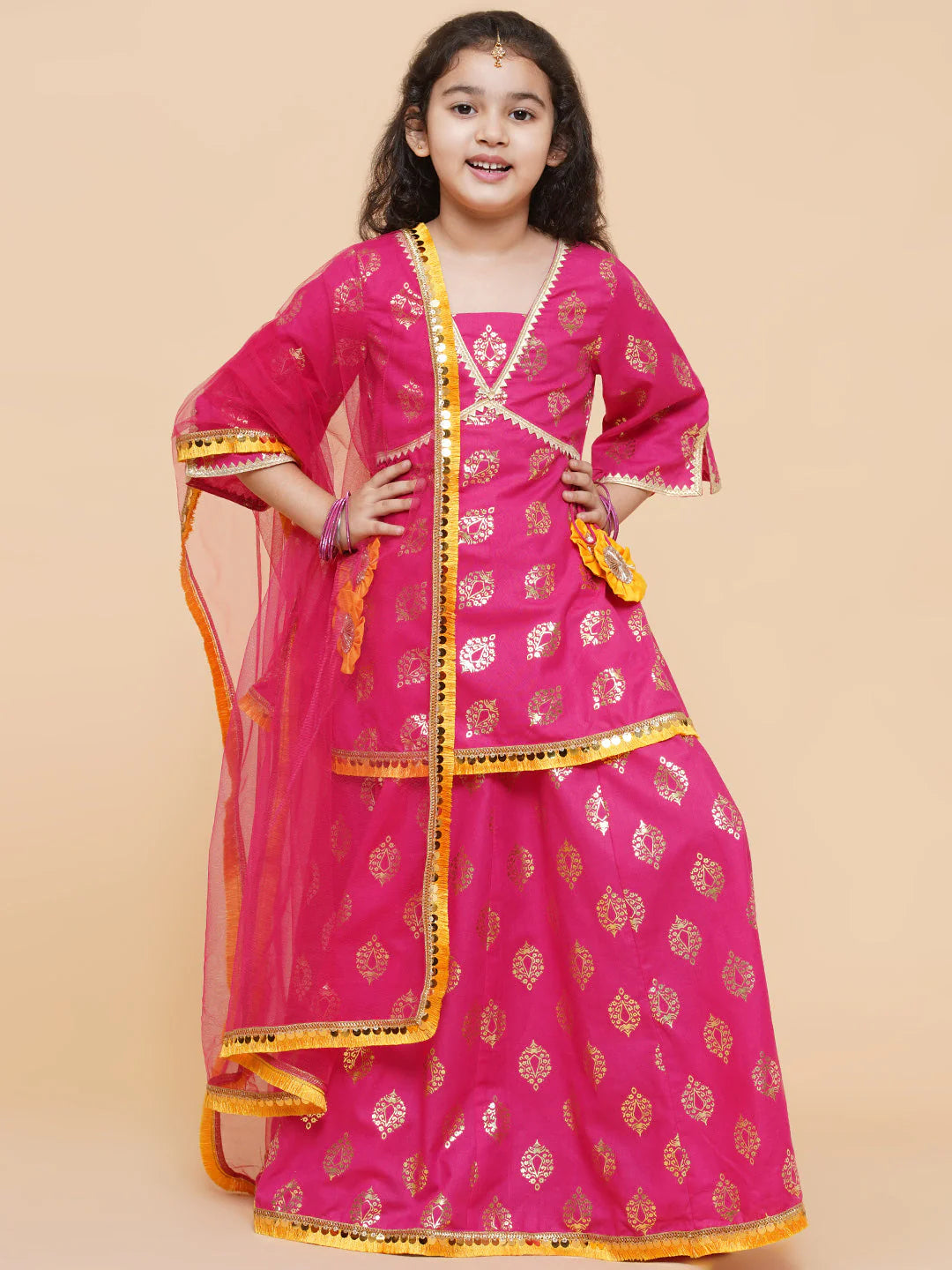 Girls Pink Foil Printed Ready To Wear Lehenga & Blouse With Dupatta