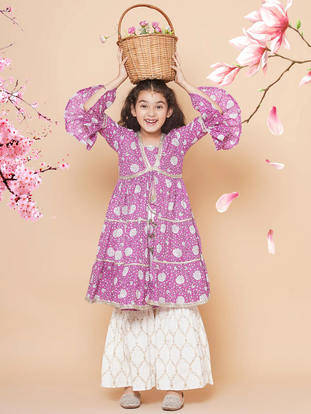 Girls Purple Printed Kurta with Sharara