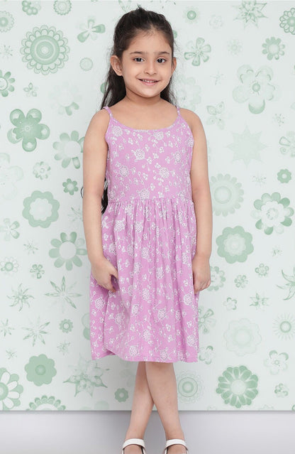 Girls Lavender Floral Printed Cotton Fit & Flare Dress