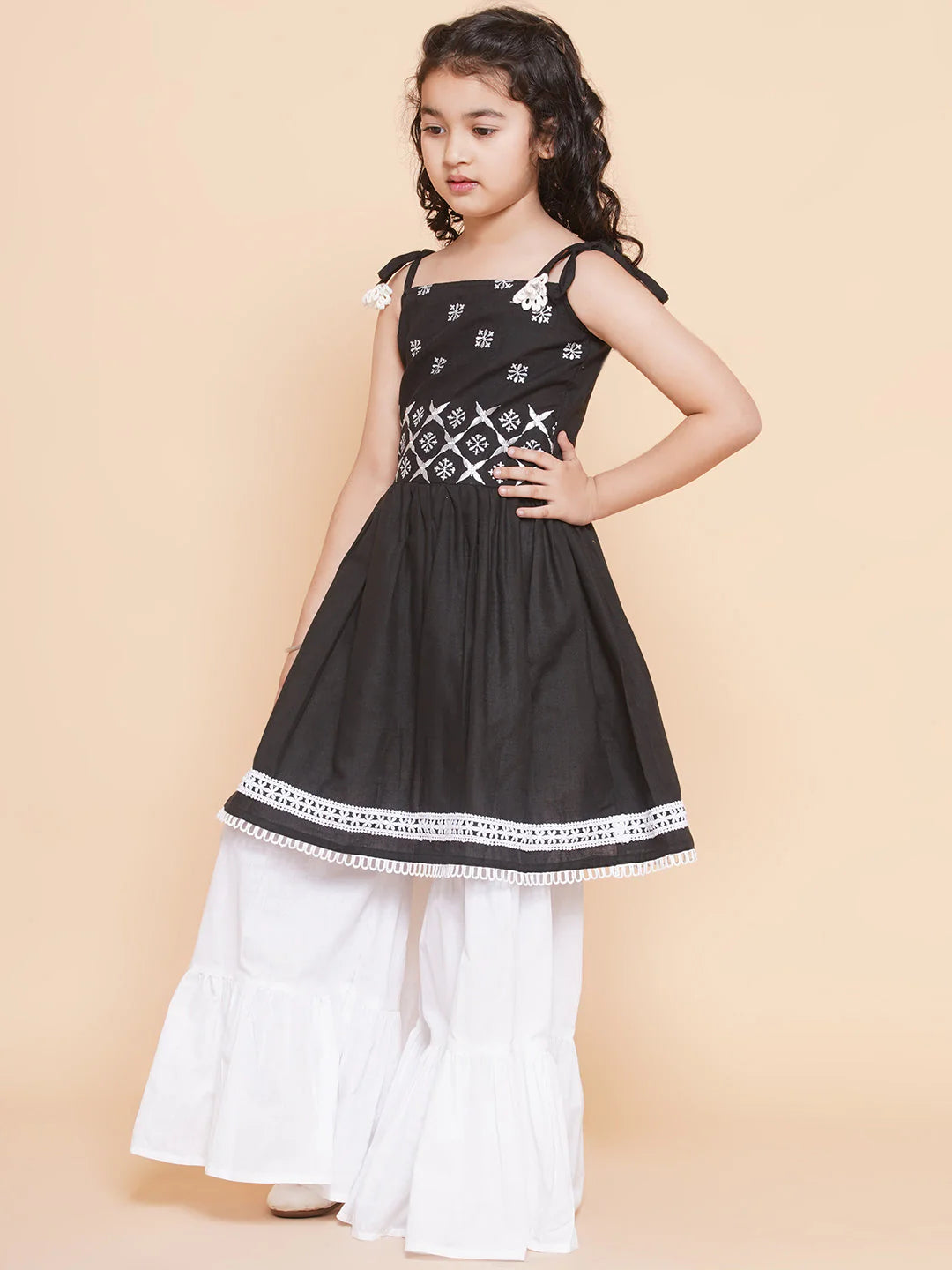 Girls Black Ethnic Motifs Embroidered Kurta With White Sharara