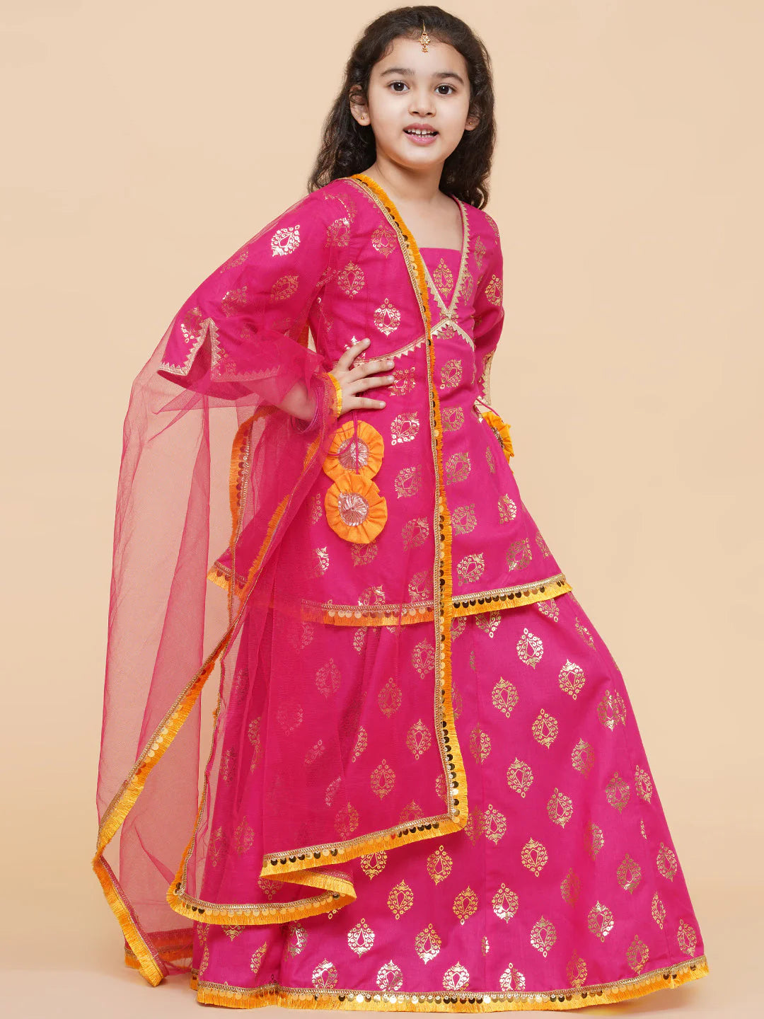 Girls Pink Foil Printed Ready To Wear Lehenga & Blouse With Dupatta