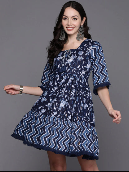 Blue Floral Print Tie-Up Neck Flared Sleeves A-Line Ethnic Dress