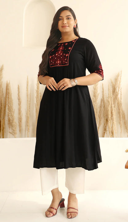 Plus Size Black Rayon Yoke Embroidered A-line kurta