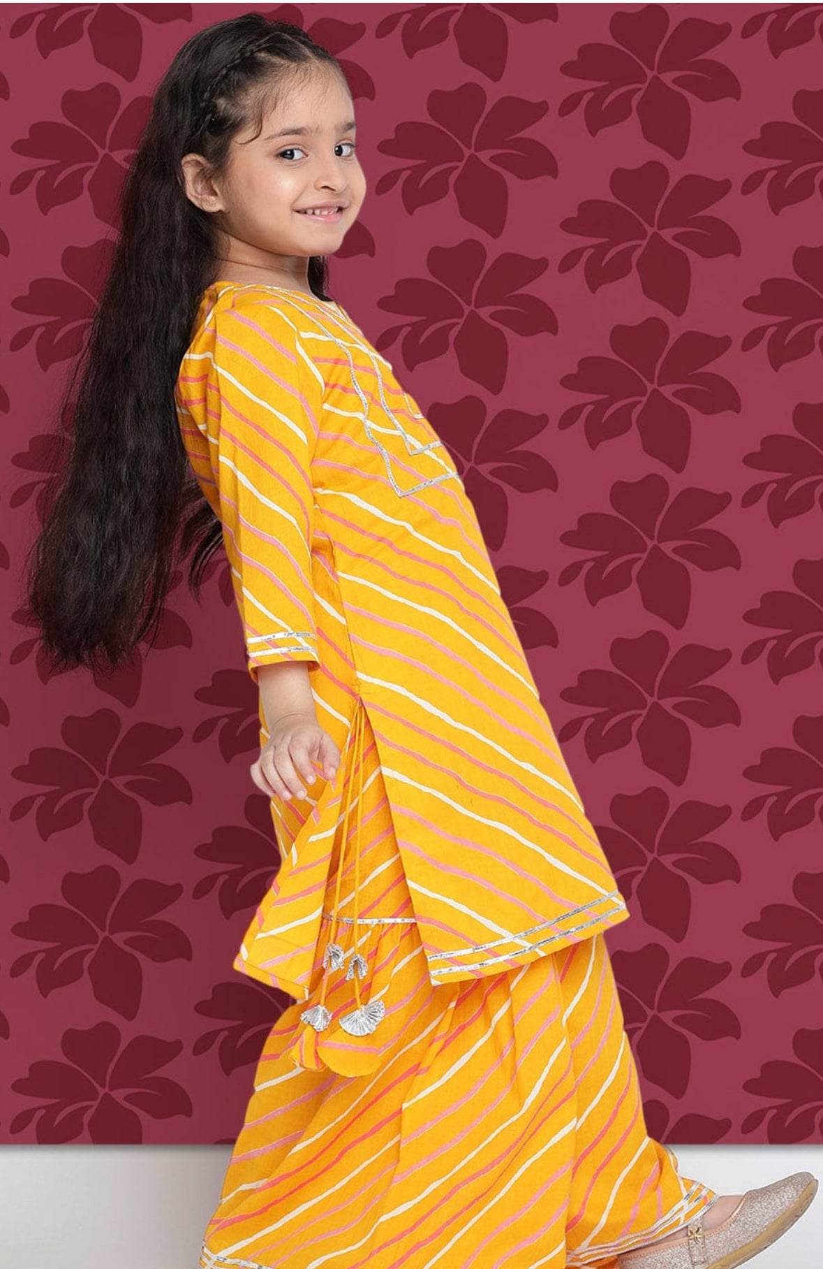 Girls Mustard Yellow Leheriya Printed Regular Gotta Patti Kurta With Sharara