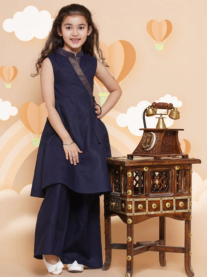 Girls Navy Blue Angrakha Kurta with Palazzos