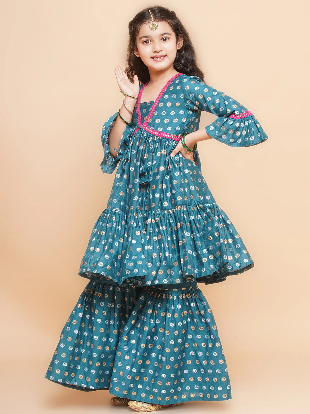 Girls Teal Blue Printed V-Neck Kurta with Sharara