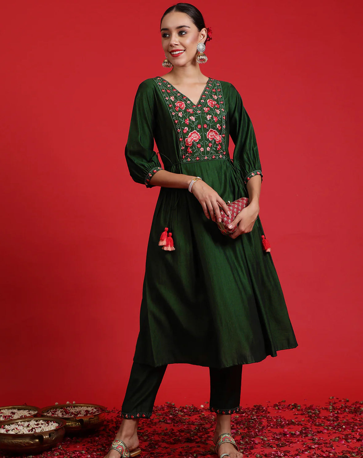 Green Embroidered A-Line Kurta Trousers Set