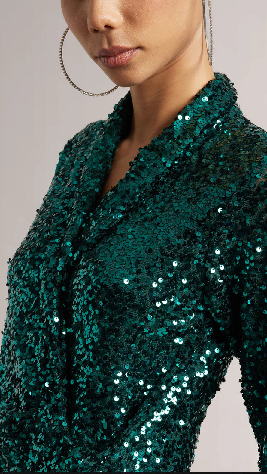 Green Poly Elastane Sequined Wrap Dress