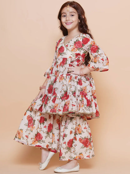 Girls Off white red Printed Angrakha Kurta with Sharara