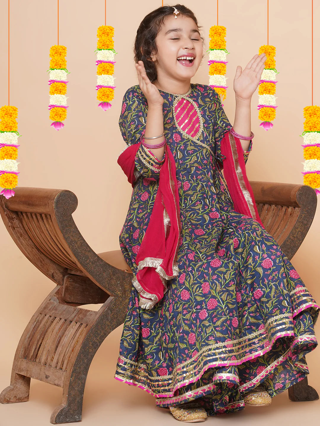 Girls Blue Floral Printed Angrakha Gotta Patti Kurta Sharara set With Dupatta