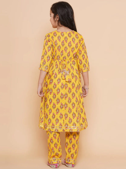 Yellow Printed Kurta With Trousers