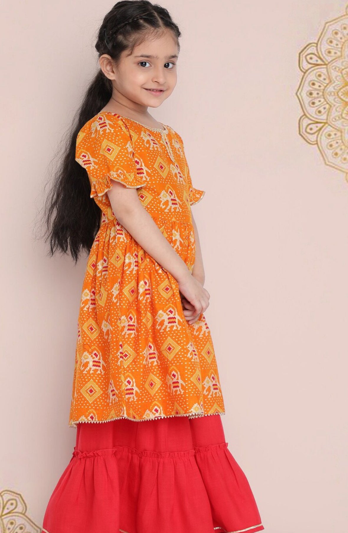 Girls Yellow Ethnic Motifs Printed Empire Gotta Patti Kurta With Sharara