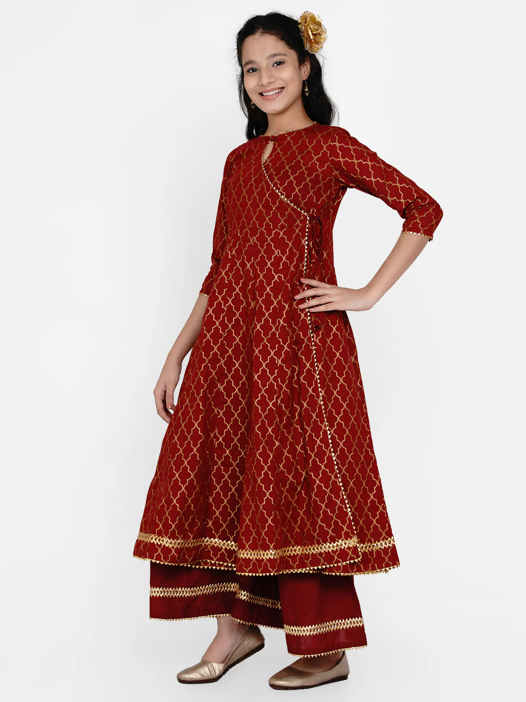 Girls Maroon & Gold Ethnic Motifs Printed Anarkali Kurta With Palazzos