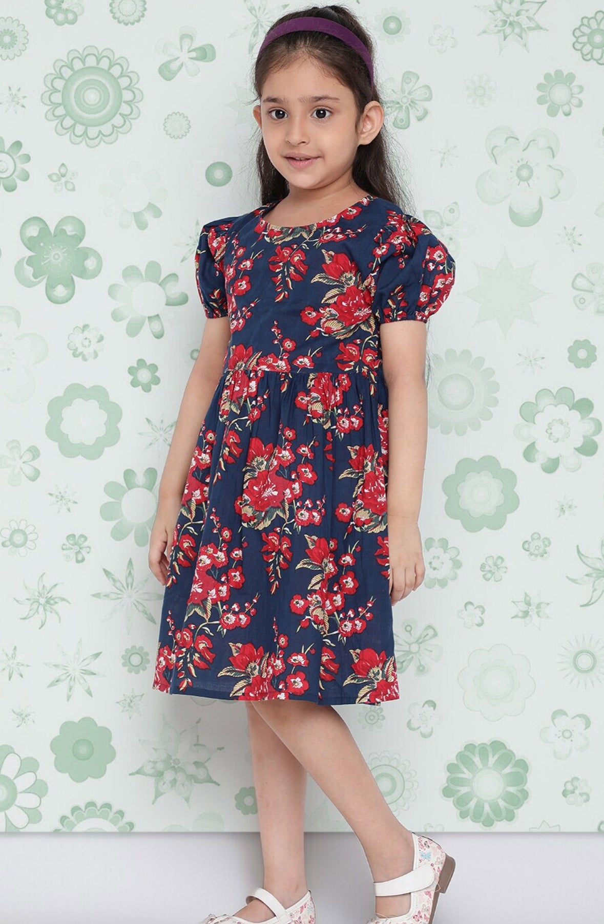 Girls Navy Blue Floral Printed Cotton A-Line Dress