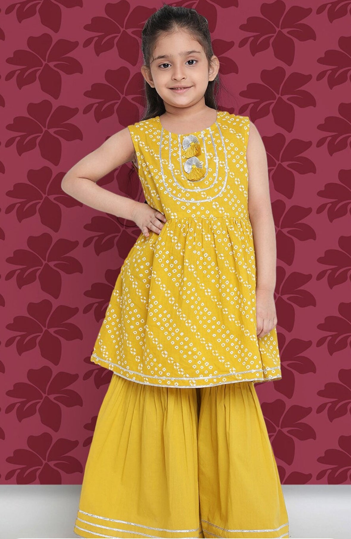 Girls Yellow Bandhani Printed A-Line Kurta with Sharara