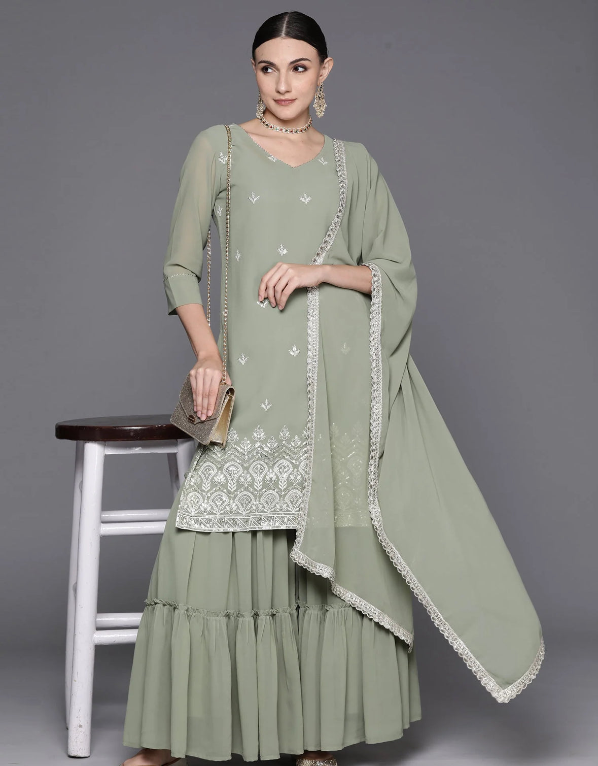 Sea Green Embroidered Straight Kurta Sharara With Dupatta Set