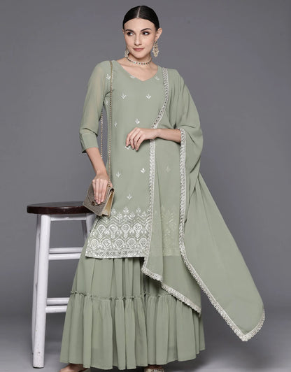 Sea Green Embroidered Straight Kurta Sharara With Dupatta Set