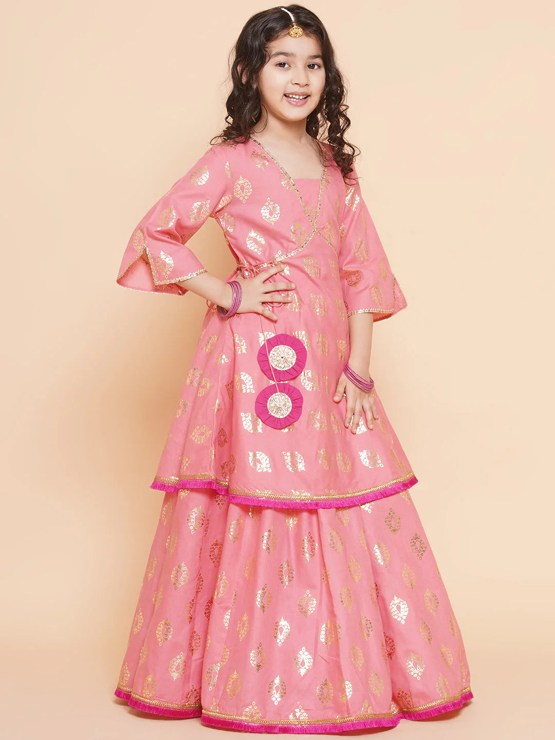 Girls Peach Foil Printed Lace Work Lehenga,Choli With Dupatta.