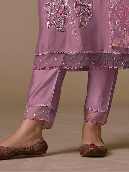 Lavender Embroidered Straight Kurta Trousers With Dupatta Set