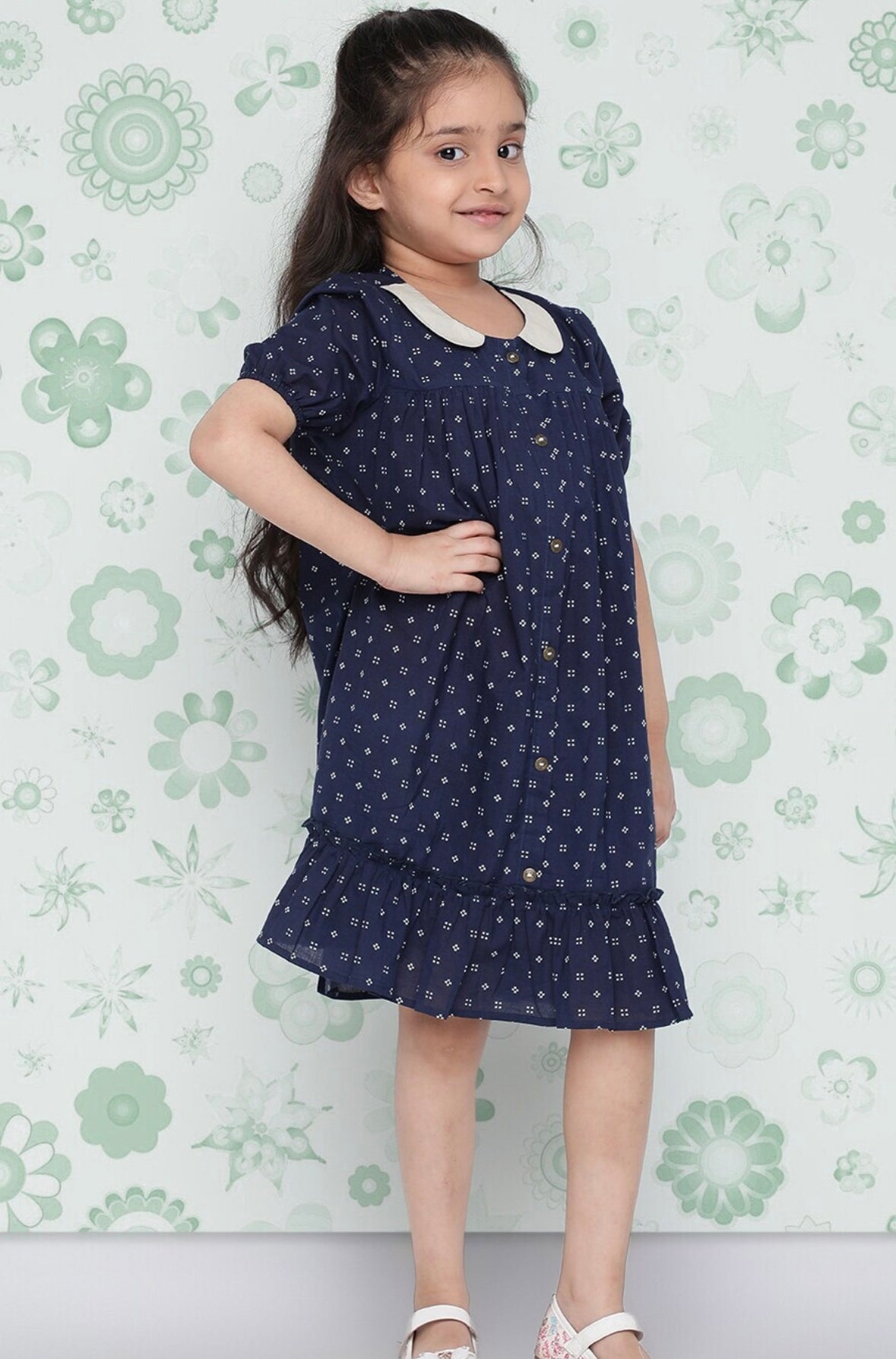 Girls Navy Blue Polka Dot Printed Cotton Ruffled Drop-Waist Dress