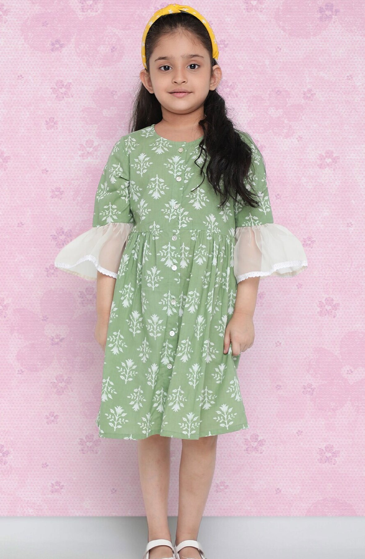 Girls Green Floral Printed Bell Sleeve Cotton A-Line Dress