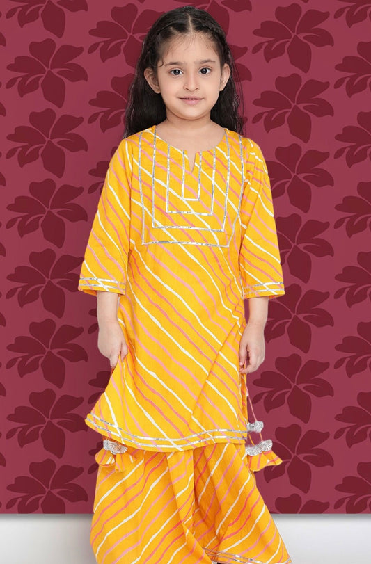 Girls Mustard Yellow Leheriya Printed Regular Gotta Patti Kurta With Sharara