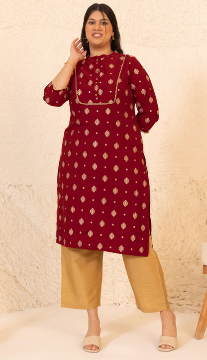 Plus Size Brick Red Crepe Foil Printed Straight kurta